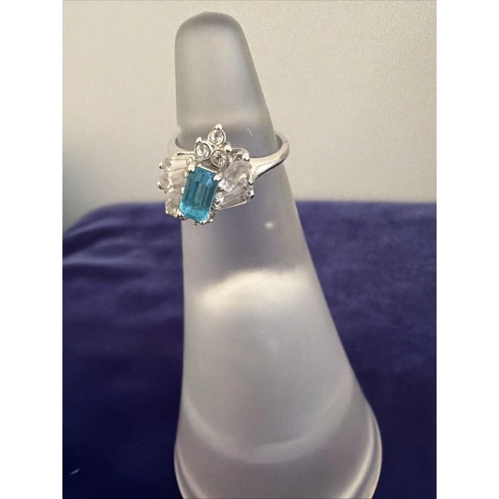 Vintage Art Deco Blue Topaz Clear Glass Silver Tone 7.5